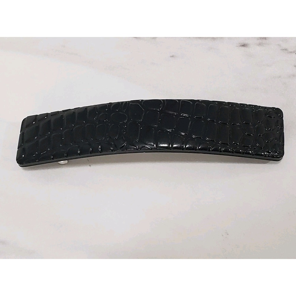 Vintage French Hair Barrette Faux Croc Gator Skin Black 3.75" LUCITE 70s 80s